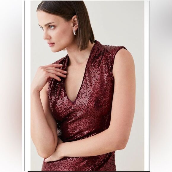 Karen Millen Sequin Midi Dress Wine Red Sleeveless Sz 18 - Picture 2 of 16